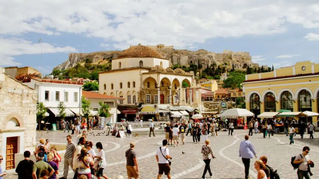 People walking on Monastiraki square